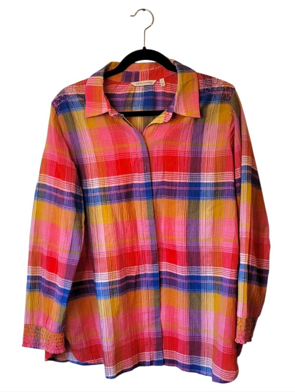 Soft Surroundings Bright Plaid Smocked 100% Cotton Button-Front Shirt Size L